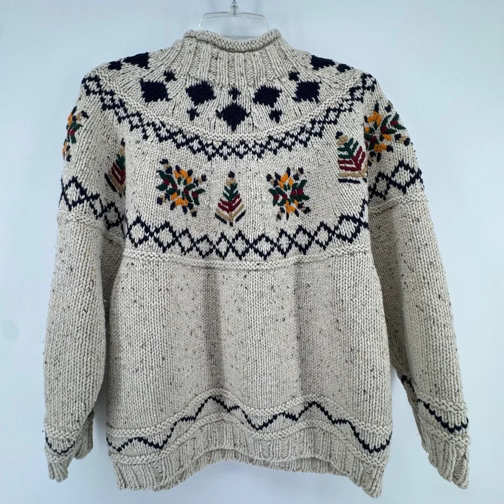 Vintage Outback Red Sweater Womens M Cream Fair Isle Wool Blend Mock Neck Chunky - Picture 3 of 9